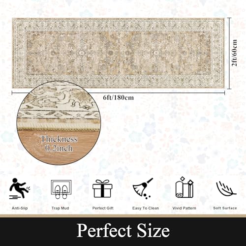 2' x 6' Boho Hallway Runner Rug Non Slip Runners,Cream Tan