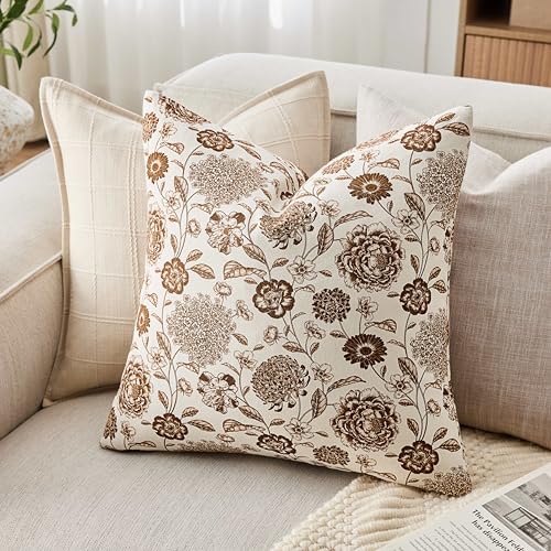 Botanical Throw Pillow Covers Set of 2, 20x20 Inch Brown