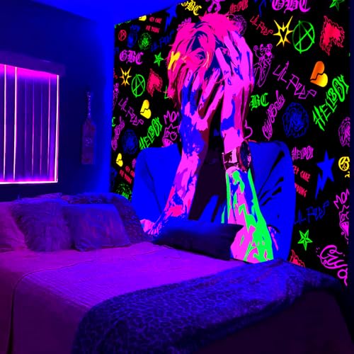PSYHILAR Lil Peep Tapestry Blacklight, Rapper Black Light Poster for Bedroom, Hip Hop Star Music UV Flag (40 x 30 Inches)