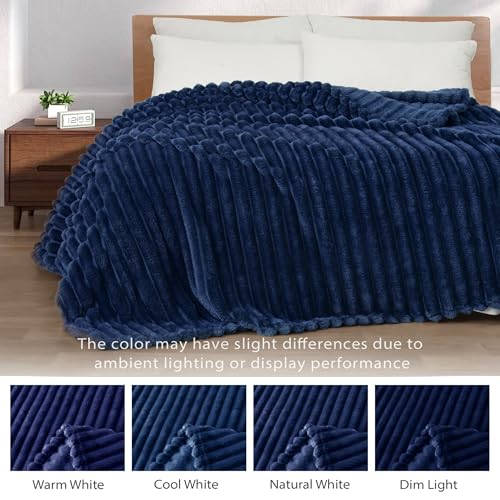 Exclusivo Mezcla Fleece Throw Blanket for Couch, Super Soft Striped Jacquard Bed Blanket, Lightweight Fuzzy Cozy for All Seasons, 50x60 Inches, Navy Blue