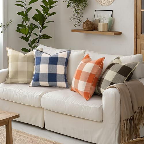 decorUhome Fall Buffalo Plaid Check Throw Pillow Covers 18x18 Set of 2 Outdoor Linen Decorative Farmhouse Gingham Coastal Pillow Covers with Stitched Edge for Bed Couch Sofa, Navy Blue and White