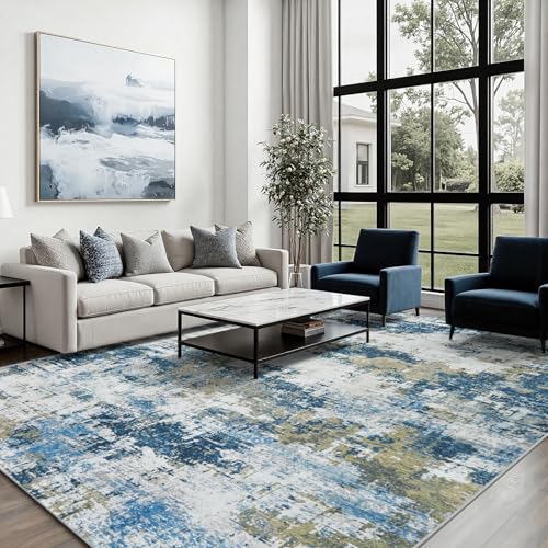 5x7 Area Rugs for Living Room: Washable Soft Blue Abstract Bedroom Carpet
