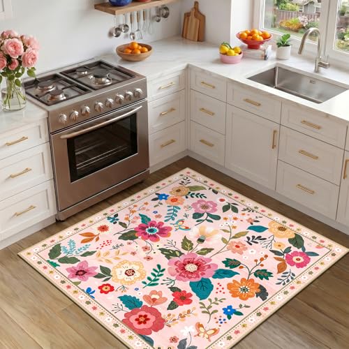 RELEANY Floral Washable Square 4ft Area Rug Pink