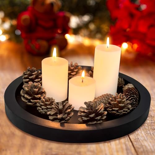 Black Round Wood Decorative Tray for Coffee Dining Table Centerpiece Decor