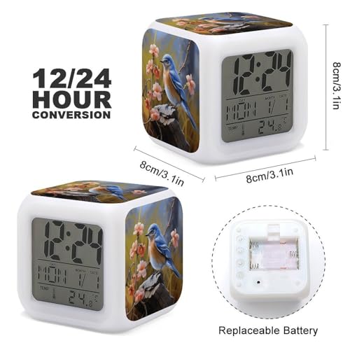 Eastern Bluebird Alarm Clocks with 7 Color Changing Night Light Exquisite Bedroom Digital Clocks with LED Temperature Display Desk Clock Ok to Wake Clocks for Heavy Sleeper