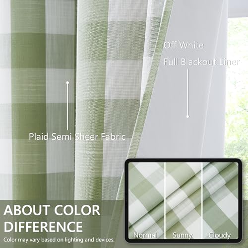 Amzdecor Sage Green White Buffalo Plaid Full Blackout Curtains 84 Inch for Bedroom Living Room Farmhouse Check Patterned Drapes Thermal Insulated Soundproof Grommet Window Treatment, 2 Panels, 40"x84"