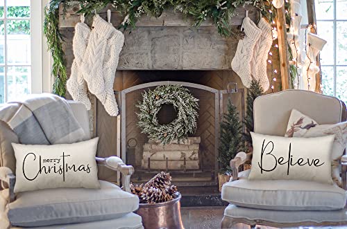 DFXSZ Christmas Throw Pillow Covers 12x20 Inch Set of 2 Merry Christmas Farmhouse Decorations Believe Holiday Decor Throw Cushion Case for Home Couch