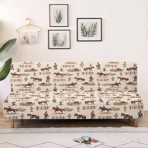 Cowboy Horse Armless Futon Cover Elastic Couch Cushion Cover Removable Futon Sofa Bed Slipcover Adjustable Furniture Protector for Home Living Room Decorations