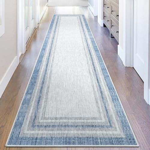 Bordered Design Hallway Runner Rug, Ultra Thin 2.5x10, Blue Printed Kitchen Rug with Rubber Backing for Bathroom, Bedroom, Stairway