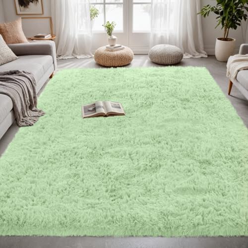 5x7 Fluffy Shag Area Rugs for Living Room Bedroom: Soft Carpet Mint Green
