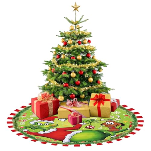 48 Inch Christmas Tree Skirt - Soft and Funny Farmhouse Christmas Tree Collar with Red & Green Trim Decor Xmas Holiday Decoration (Style A)