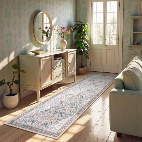Boho Kitchen Runner Rugs Non Skid Washable, Floral Hallway Runner Rug 8 ft, Soft Flower Botanical Indoor Throw Carpet for Entry Entrance Bedroom Bedside Laundry Room, Beige