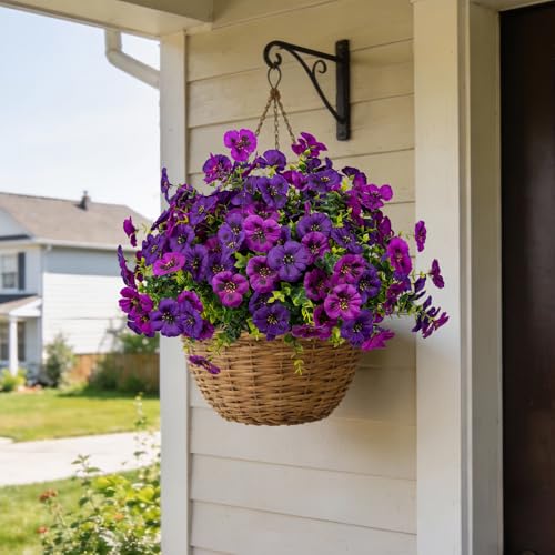 12 Piece Outdoor Artificial Flowers Fake Pansies -Two-Tone Faux Flowers per Stem, UV Resistant for Indoor Outdoor Porch Garden Planters Patio Window Box Home Decor(Purplish Red)