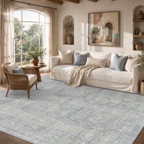 6x9 Area Rugs Washable Rug for Living Room Bedroom, Blue/Beige