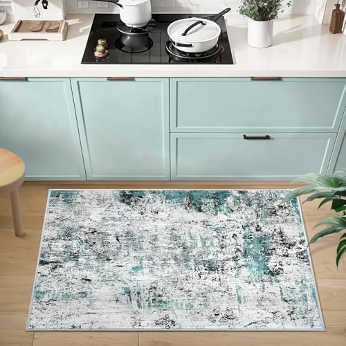 Washable Area Rug 2x3 Entryway Rug, Modern Abstract Entry Mat Teal