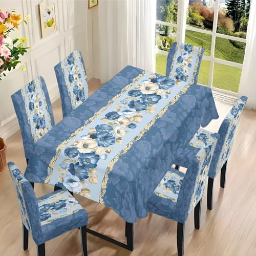 Dining Chair Slipcovers Rectangle Tablecloths Set of 7, Removable Chair Seat Covers Dust-Proof Stretch Dining Seat Slipcovers Washable Table Cover Protector, Blue Flower Print