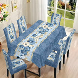 Dining Chair Slipcovers Rectangle Tablecloths Set of 7, Removable Chair Seat Covers Dust-Proof Stretch Dining Seat Slipcovers Washable Table Cover Protector, Blue Flower Print