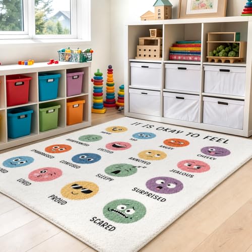 3.3x4 ft Calming Corner Items Calm Corner Classroom Rug Feelings Chart Emotion Area Rug Back to School Floor Mat Soft Fluffy Mental Health Non-Slip Play Carpet for Nursery Playroom Bedroom Living Room