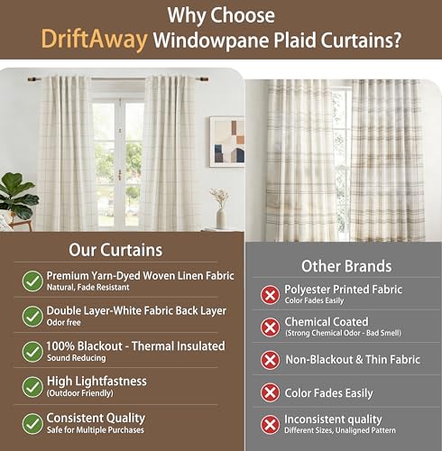 DriftAway 100% Blackout Windowpane Plaid Linen Curtains Double Layer Farmhouse Drapes 84 Inches Long for Living Room Bedroom Yarn Dyed Woven Thermal Insulated Rod Pocket Back Tab 2 Panels Taupe