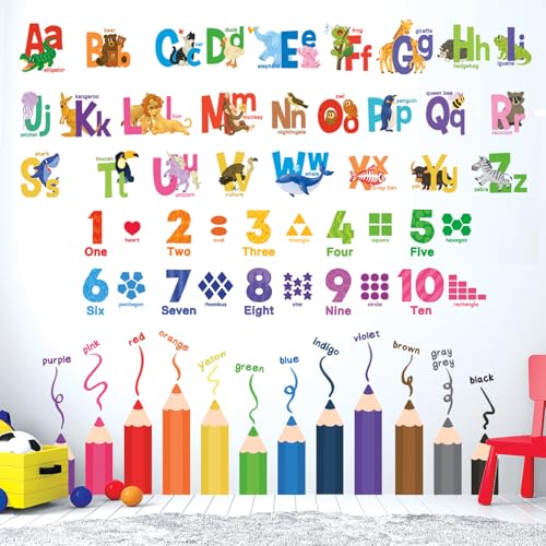 DECOWALL SG3-2316 Alphabet Numbers and Colouring Pencils Wall Stickers Decals Classroom Kids playroom Art Play Room Rainbow ABC Decorations Toddler Color Child Preschool Living Baby Girl Baby boy