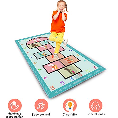 Hopscotch Rug 63”x31, Hop and Count Game Rug with Colorful Alphabet and Animals Design Anti-Slip Kids Play Mat, Soft Floor Area Rug & Carpet Playroom Bedroom Living Room