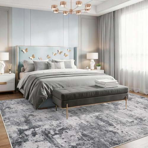 9x12 Area Rug Living Room: Washable Non Slip Modern Abstract Rug Black Grey
