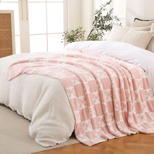 YIRUIO Pink Checkered Throw Blanket with Bow Pattern - Ultra Soft Lightweight Microfiber Knit, Plush Fuzzy Cozy Home Decor for Couch Sofa Bed, Reversible All-Season 50x60 Inches