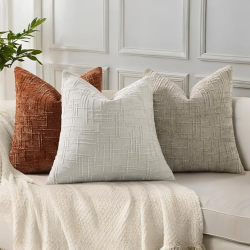 decorUhome Textured Chenille Throw Pillow Covers 24x24 Set of 2 Light Brown