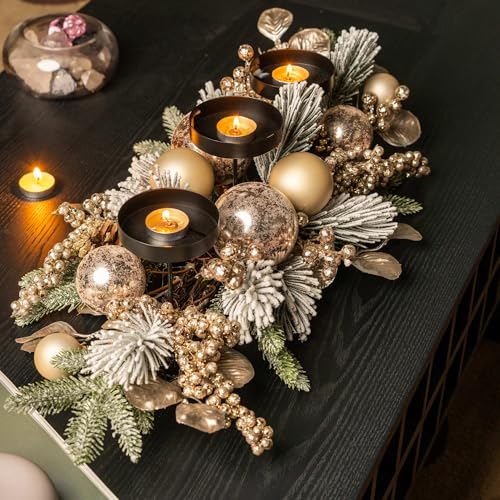 YULETIME 28" Christmas Triple Candelabrum, Golden Baubles, Berries & Leaves