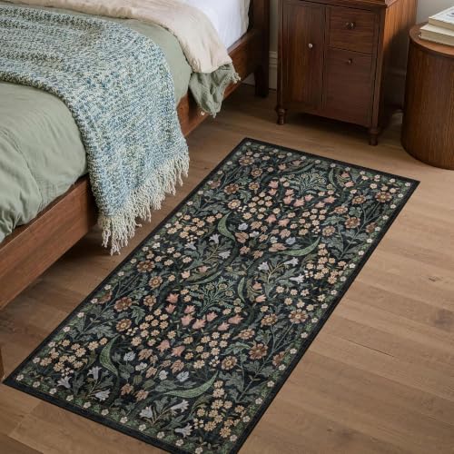 2x4 Washable Runner Rug Black Boho Floral for Hallway Kitchen Bedroom