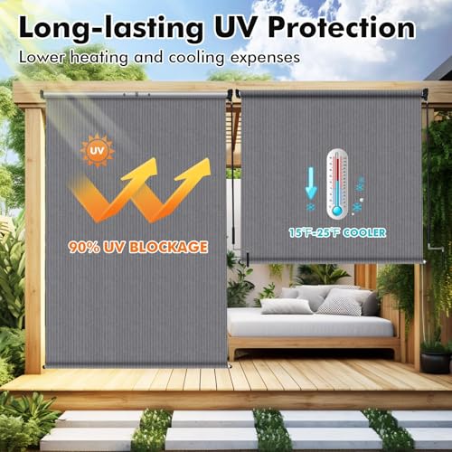 Artpuch Patio Shades Roll Up Outdoor Roller Shade (7'Wx8'H), Cordless Exterior Roller Blinds Cloth for Porch Pergola Gazebo, Gray