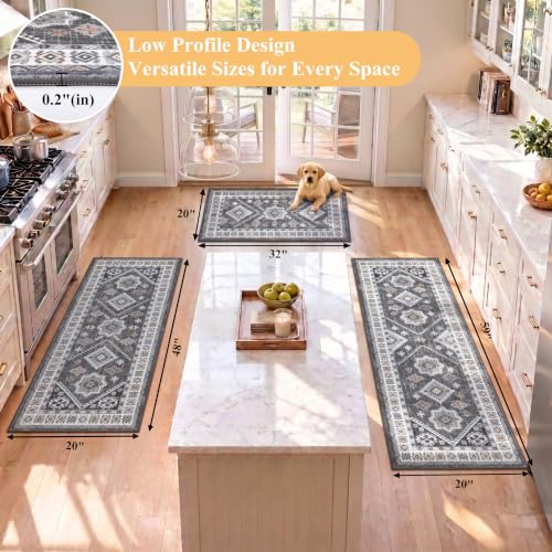 HEBE Boho Kitchen Rugs Set of 3, Non Slip Washable Kitchen Mats for Floor