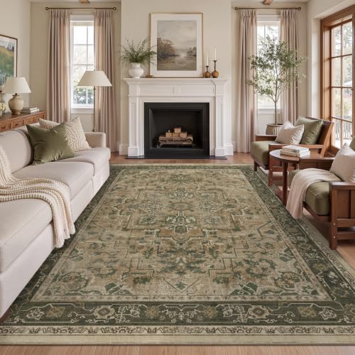7x10 Living Room Rug, Vintafe Distressed Medallion Area Rug for Bedroom Dining Room, Washable Non Slip Thin Carpet Rugs for Bedroom Under Bed Home Office, Multi Brown/Olive
