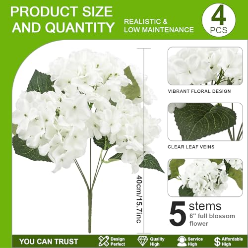 Daynight 4 Pcs Hydrangea Artificial Flowers Outdoor Silk Bouquets, UV Resistant Faux Hydrangeas Flowers for Table Vase Centerpieces Outside Party Wedding Baby Shower Home Outdoor Decor (4, White)