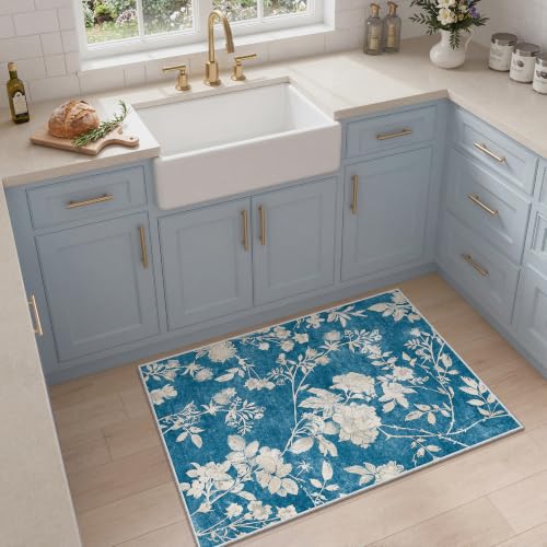 Soalmost Floral Washable Rugs 2x3, Soft Doormat for Entryway Navy Blue