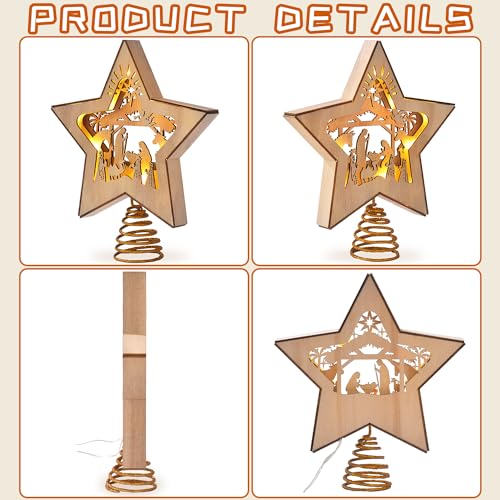 GHOSTMAGIC 3D Wooden Nativity Christmas Tree Star Topper Lighted, LED Xmas Decor Ornaments for Indoor