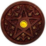 Pentagram Incense Holder - Handcrafted Incense Burner fits 15 Incense Sticks and 1 Incense Cone - Carved Wood, Brass Holders - 5 Inches Wide