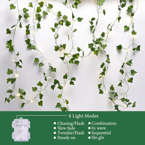 2 Pack 6.56FT Vines with Lights, Fake Ivy String Lights Battery Operated, 40 LEDs Green Leaf Lights with 8 Modes, Artificial Vines with Fairy Lights for Bedroom Wall Garden Party Decor