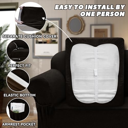 Chair Slipcover with Armrest Pockets 2-Piece Set, Stretch Faux Leather Chair Cover for Armchairs(Fits 31-45") - Non-Slip, Machine Washable, Pet & Kid Friendly - Coffee