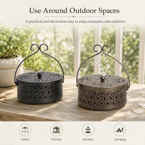 Kingrol 2 Pack Mosquito Coil Holders with Lids, Outdoor Metal Burners | Black and antique brass metal holders with lids to help contain ash for patio, garden, porch, camping, and outdoor tables