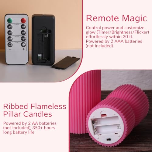 Hot Pink Ribbed Flameless Pillar Candles with Remote Set of 2
