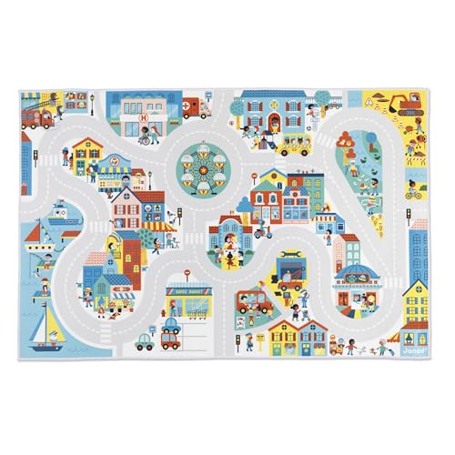 Janod - Children's Car Rug - City Theme - Soft & Non-Slip - Urban Pattern - Play Rug for Girls & Boys' Bedrooms - 120 x 78cm - Hand Washable - from 2 Years Old - J05910