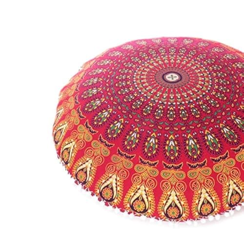 Mandala Floor Pillow Cover Meditation Cushion Seating Throw Hippie Round Colorful Decorative Bohemian Indian Pouf Ottoman Handmade Cover ONLY (A1 Red, 32" x 32")
