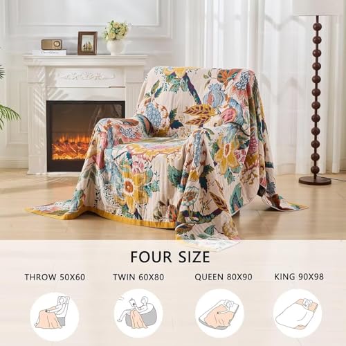 Boho Throw Blanket Farmhouse Decor Throw Blanket Bohemian Blanket for Bed 100% Cotton Muslin Woven Couch Blanket All Seasons Quilt Bedroom (C-Beige, 50"x60")
