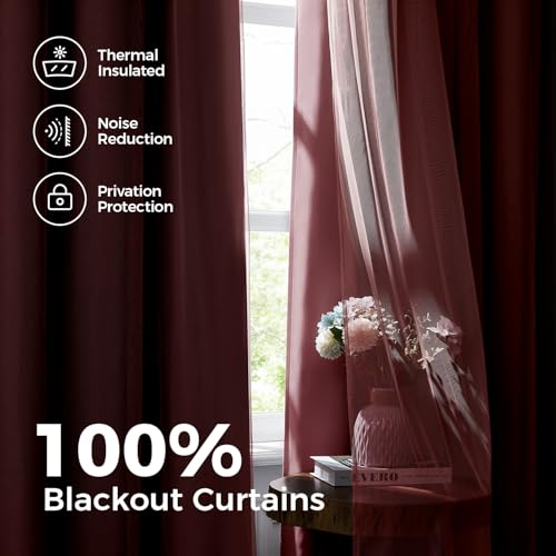 100% Blackout Curtains for Bedroom, Double Layer Pink Curtains, Black Out Curtain 84 inch Long with Sheer Overlay for Living Room, Room Darkening Window Drapes with Grommet, 52" W x 84" L