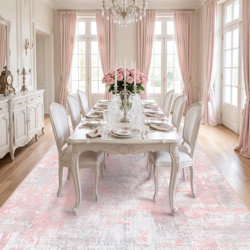 Fixwal Washable 9x12 Area Rug for Living Room, Non-Slip, Gray/Pink