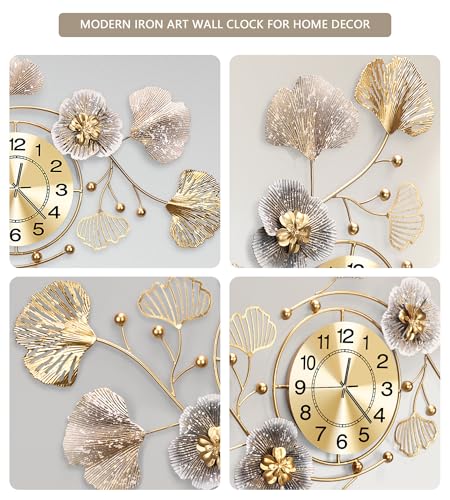 Clocks for Living Room, Large Wall Clock, 3D Silent Wall Clock, Retro Metal Ginkgo Leaf Design, for Bedroom Kitchen Decorative Wall Clocks（32''x18'' ）