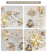 Clocks for Living Room, Large Wall Clock, 3D Silent Wall Clock, Retro Metal Ginkgo Leaf Design, for Bedroom Kitchen Decorative Wall Clocks（32''x18'' ）