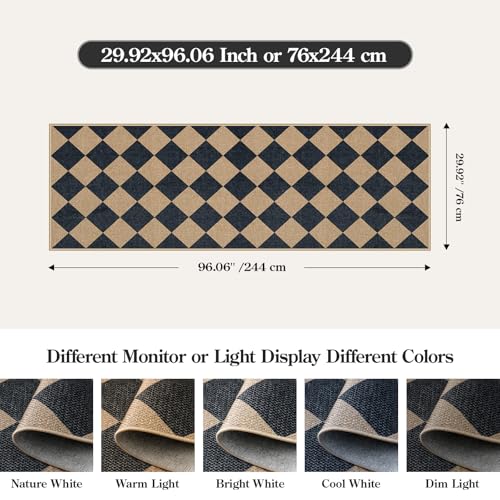 Lahome Checkered Easy Jute Non Slip Kitchen Runner, 2'6"x8' Washable Hallway Runner Rug Outdoor Black Carpet for Entryway Indoor, Checkerboard Indoor Outdoor Carpet for Hallway 8ft Entry