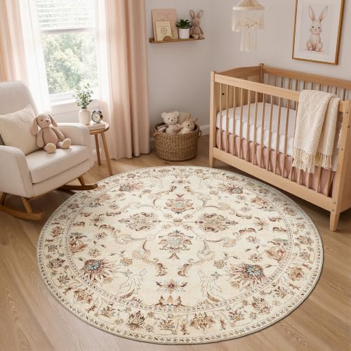 jinchan 6ft Traditional Floral Round Rug, Washable Rug, Oatmeal Rust